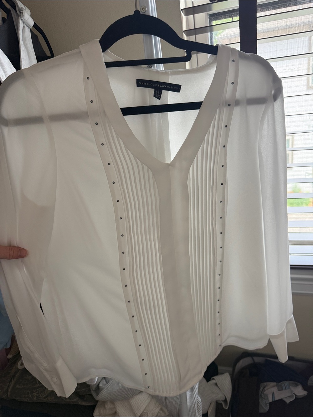 White House Black Market White Pleated V‑Neck Blouse with Stud Trim Accents